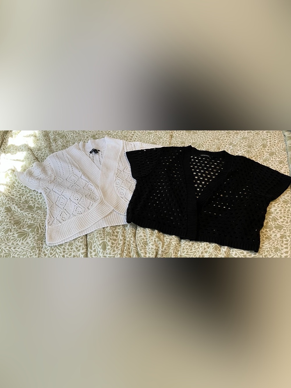 Notations Open-Knit Short Sleeve Cardigan Sweater - Black and White CL and L